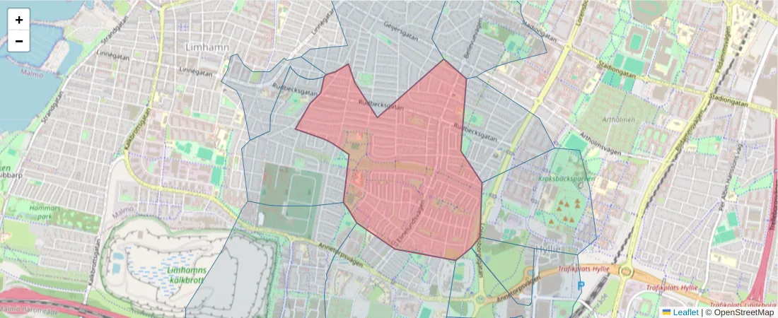 Karta över postnummerområdet  och angränsande postnummer i Sverige