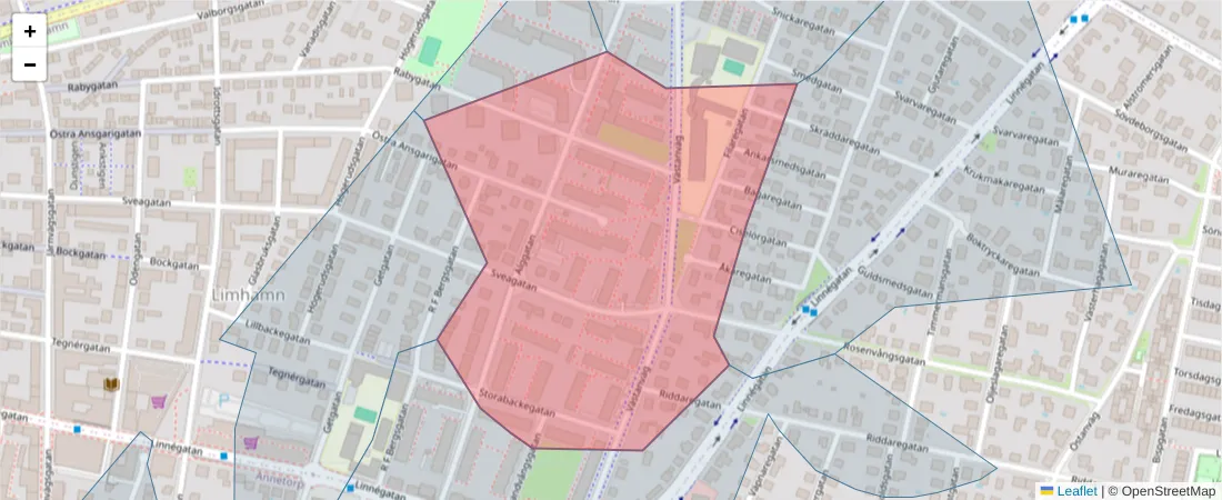 Karta över postnummerområdet  och angränsande postnummer i Sverige