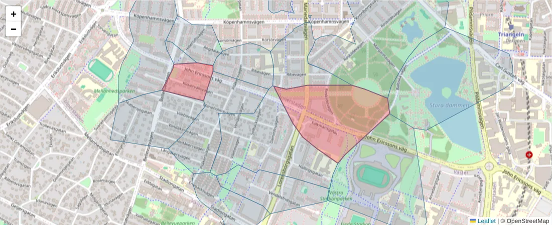 Karta över postnummerområdet  och angränsande postnummer i Sverige