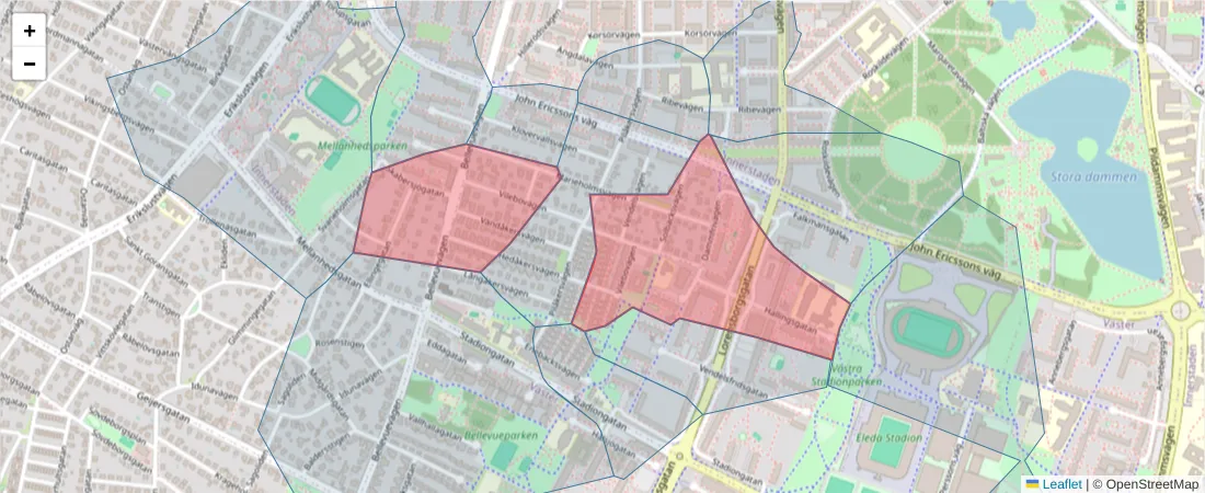 Karta över postnummerområdet  och angränsande postnummer i Sverige