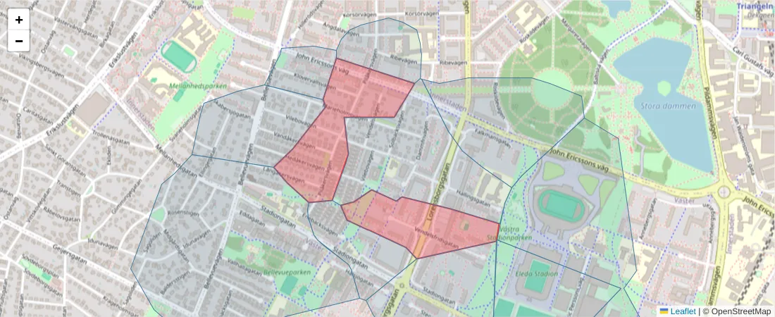 Karta över postnummerområdet  och angränsande postnummer i Sverige