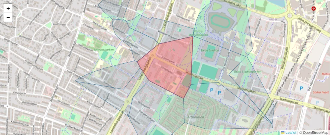 Karta över postnummerområdet  och angränsande postnummer i Sverige