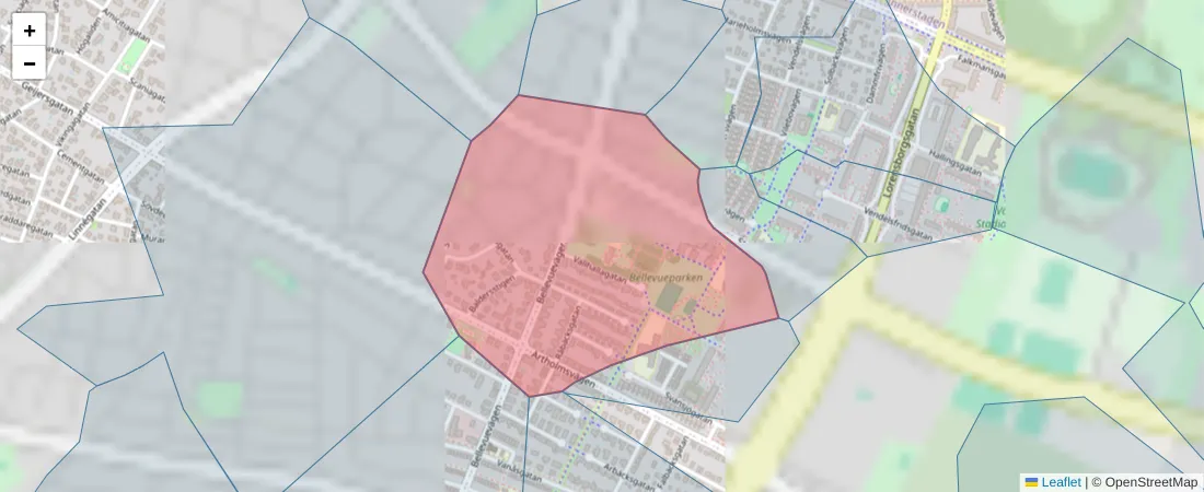 Karta över postnummerområdet  och angränsande postnummer i Sverige