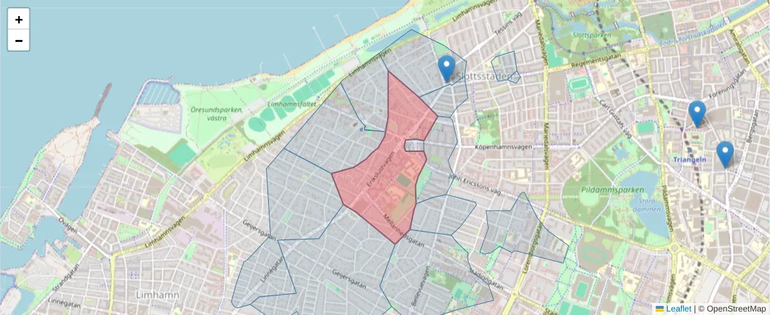 Karta över postnummerområdet  och angränsande postnummer i Sverige