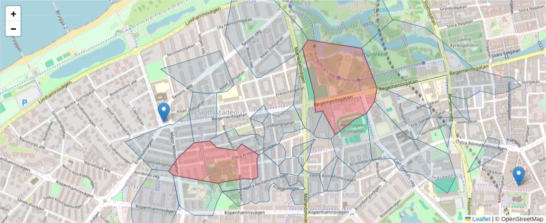 Karta över postnummerområdet  och angränsande postnummer i Sverige