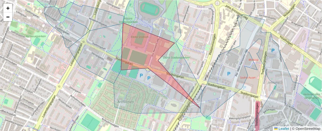 Karta över postnummerområdet  och angränsande postnummer i Sverige