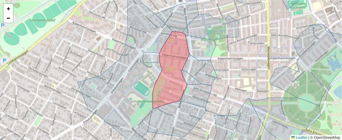 Karta över postnummerområdet  och angränsande postnummer i Sverige