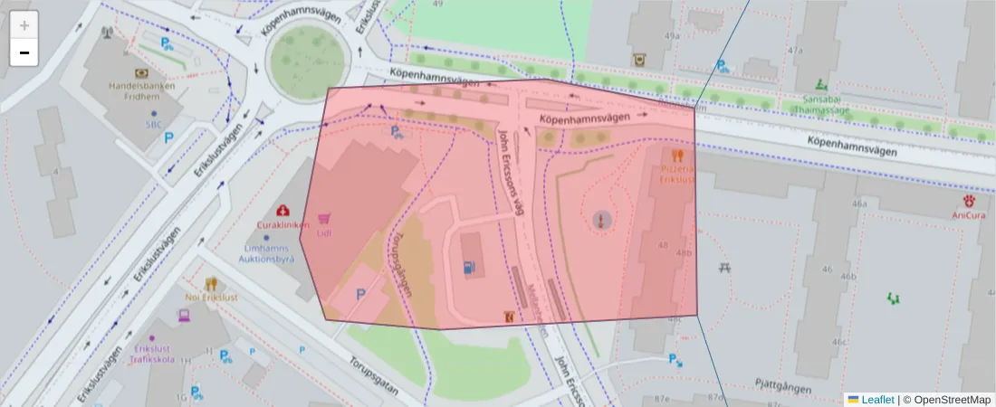 Karta över postnummerområdet  och angränsande postnummer i Sverige