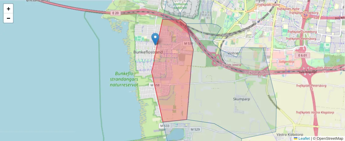 Karta över postnummerområdet  och angränsande postnummer i Sverige