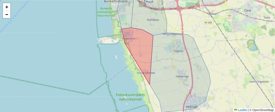 Karta över postnummerområdet  och angränsande postnummer i Sverige