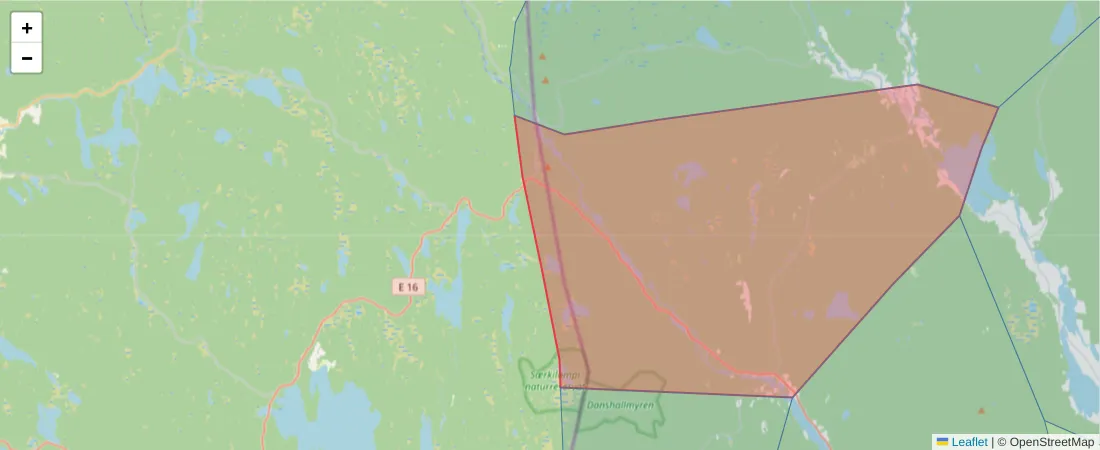 Karta över postnummerområdet  och angränsande postnummer i Sverige