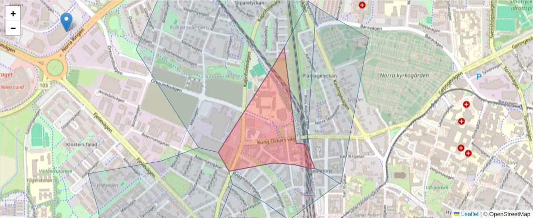 Karta över postnummerområdet  och angränsande postnummer i Sverige