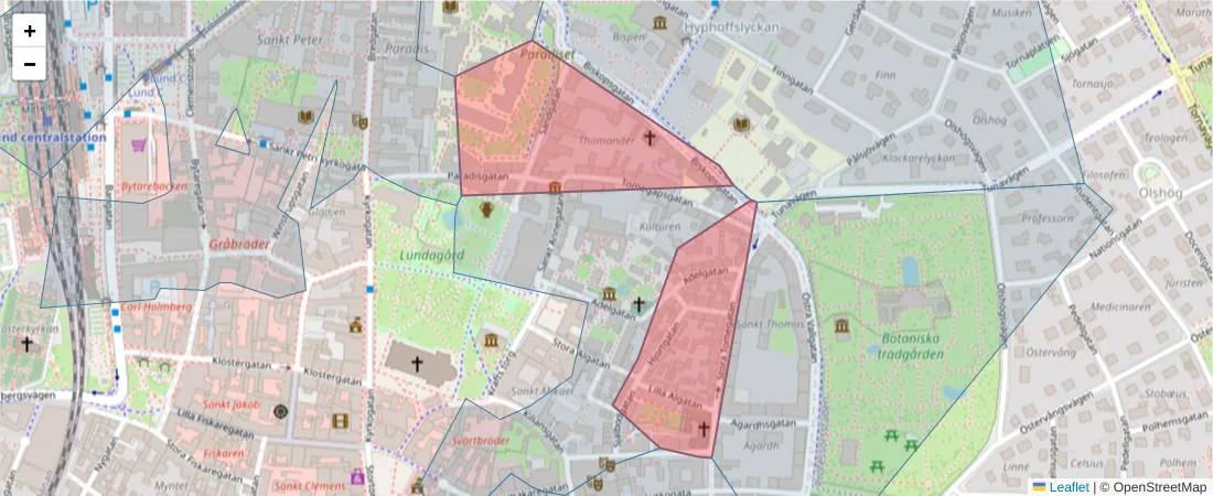 Karta över postnummerområdet  och angränsande postnummer i Sverige