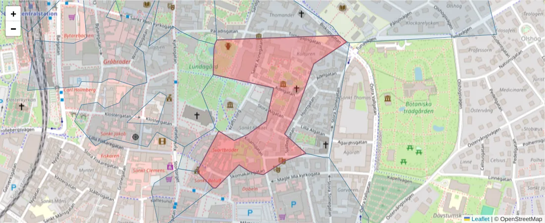 Karta över postnummerområdet  och angränsande postnummer i Sverige