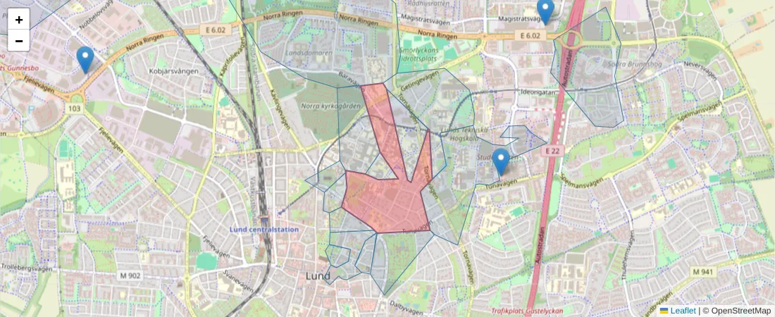 Karta över postnummerområdet  och angränsande postnummer i Sverige