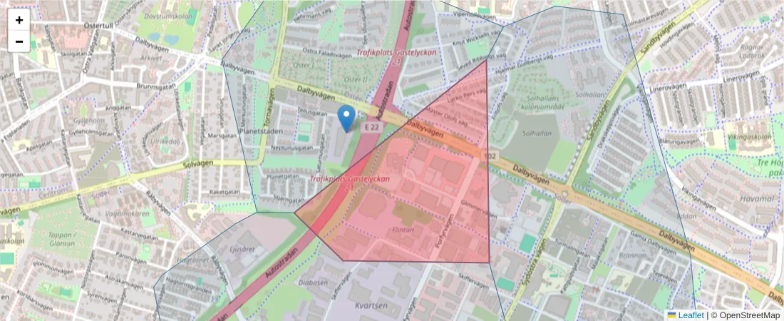 Karta över postnummerområdet  och angränsande postnummer i Sverige