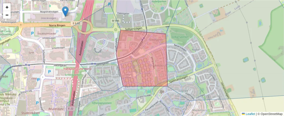 Karta över postnummerområdet  och angränsande postnummer i Sverige