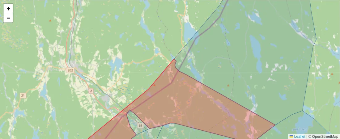 Karta över postnummerområdet  och angränsande postnummer i Sverige