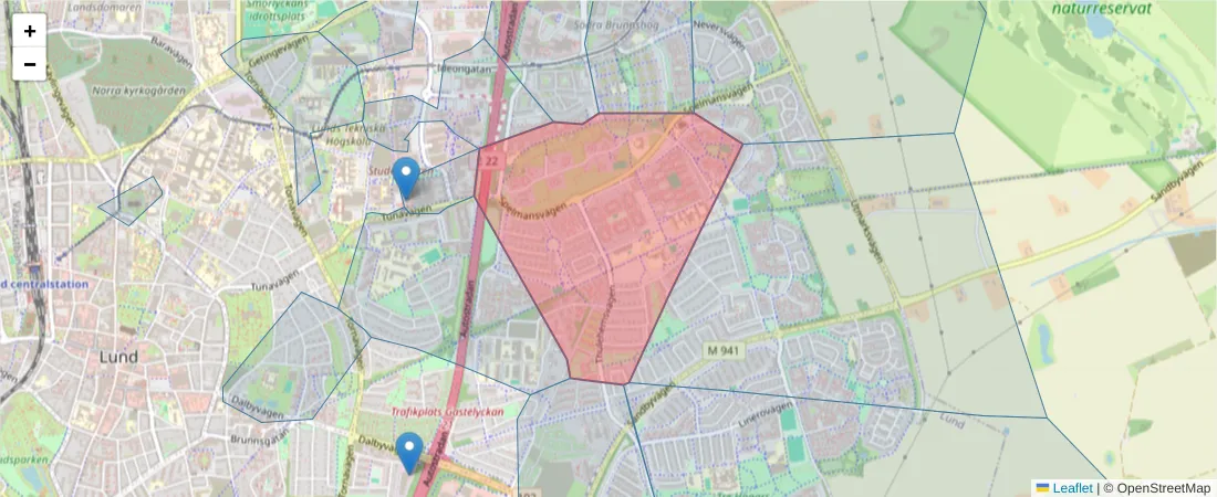 Karta över postnummerområdet  och angränsande postnummer i Sverige