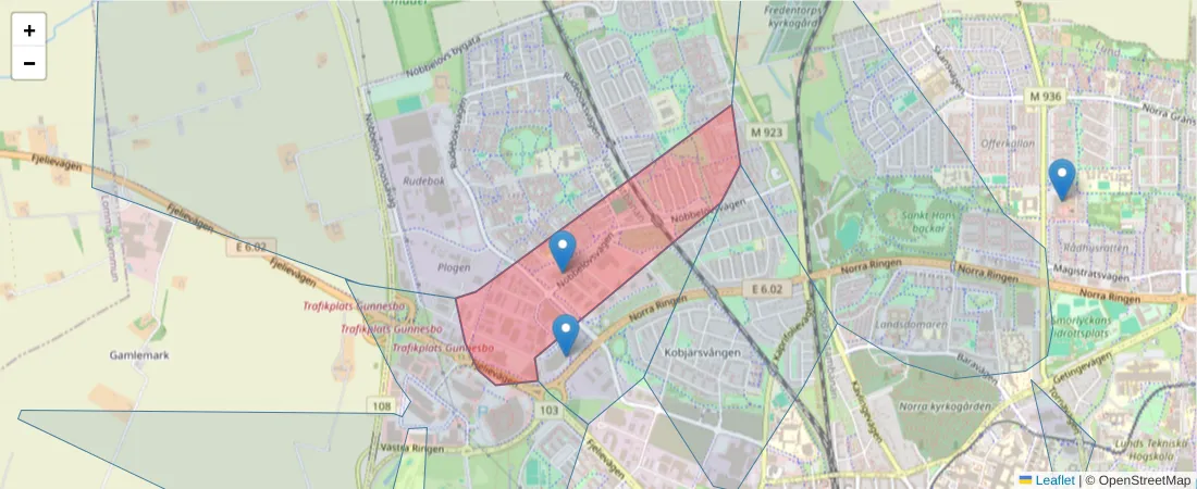 Karta över postnummerområdet  och angränsande postnummer i Sverige
