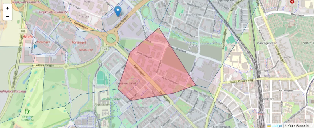 Karta över postnummerområdet  och angränsande postnummer i Sverige