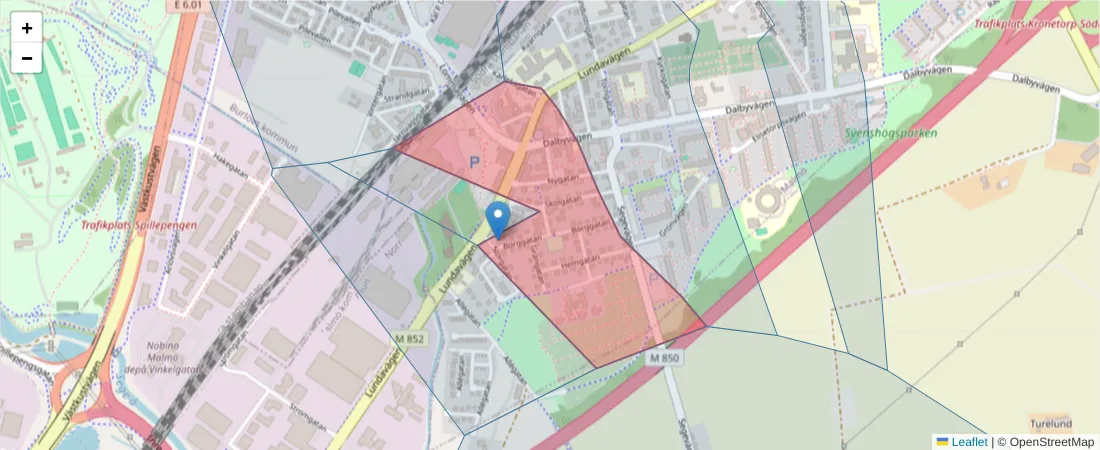 Karta över postnummerområdet  och angränsande postnummer i Sverige