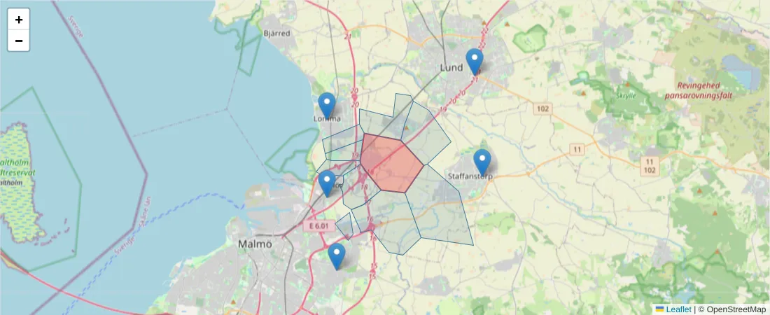 Karta över postnummerområdet  och angränsande postnummer i Sverige
