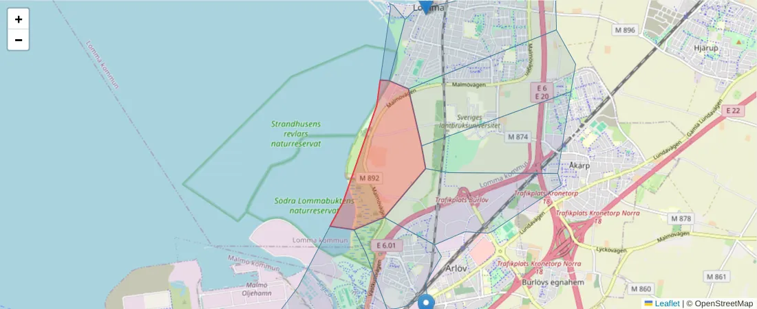 Karta över postnummerområdet  och angränsande postnummer i Sverige