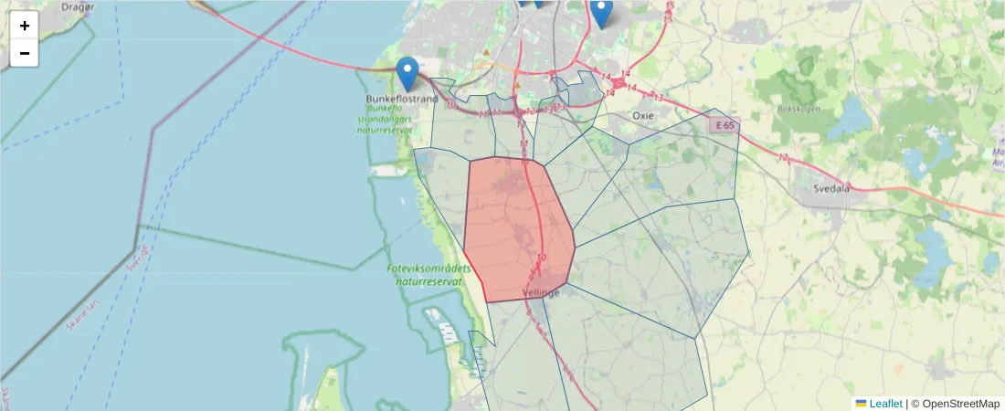 Karta över postnummerområdet  och angränsande postnummer i Sverige