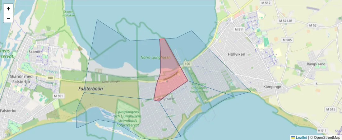 Karta över postnummerområdet  och angränsande postnummer i Sverige