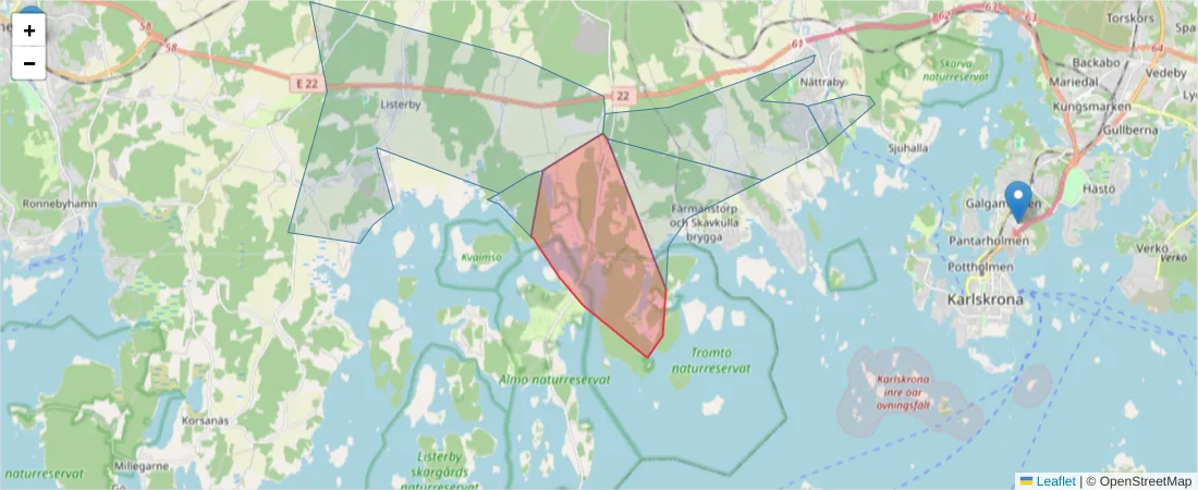 Karta över postnummerområdet  och angränsande postnummer i Sverige