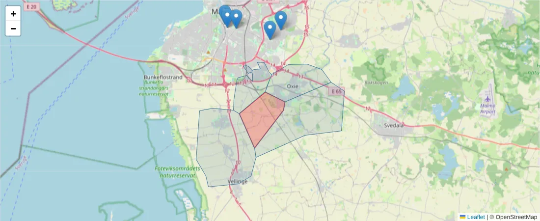 Karta över postnummerområdet  och angränsande postnummer i Sverige