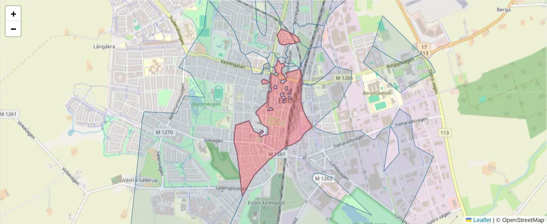 Karta över postnummerområdet  och angränsande postnummer i Sverige