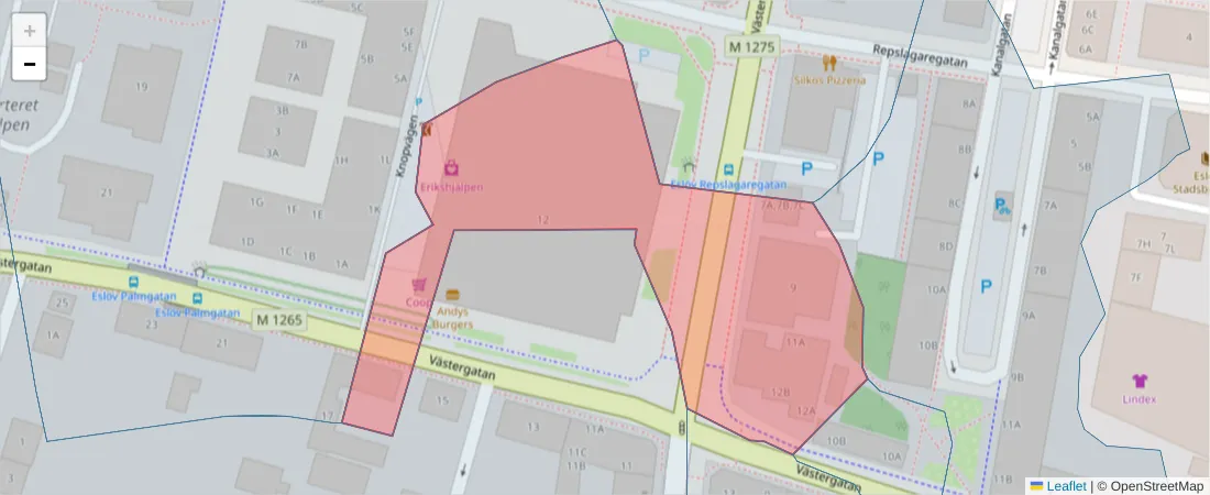 Karta över postnummerområdet  och angränsande postnummer i Sverige