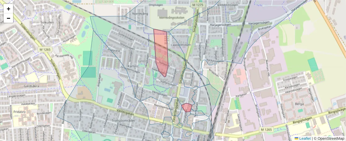Karta över postnummerområdet  och angränsande postnummer i Sverige