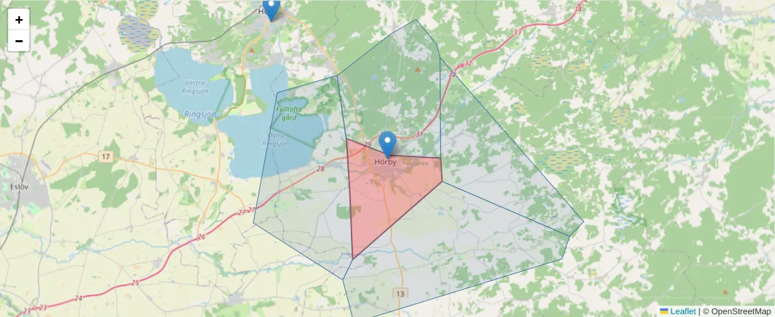 Karta över postnummerområdet  och angränsande postnummer i Sverige
