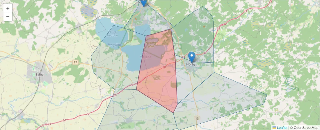 Karta över postnummerområdet  och angränsande postnummer i Sverige