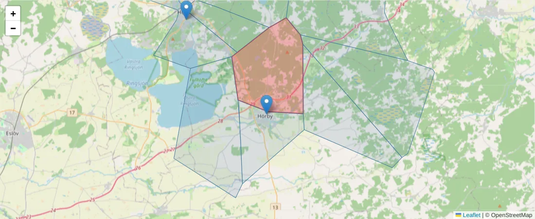 Karta över postnummerområdet  och angränsande postnummer i Sverige