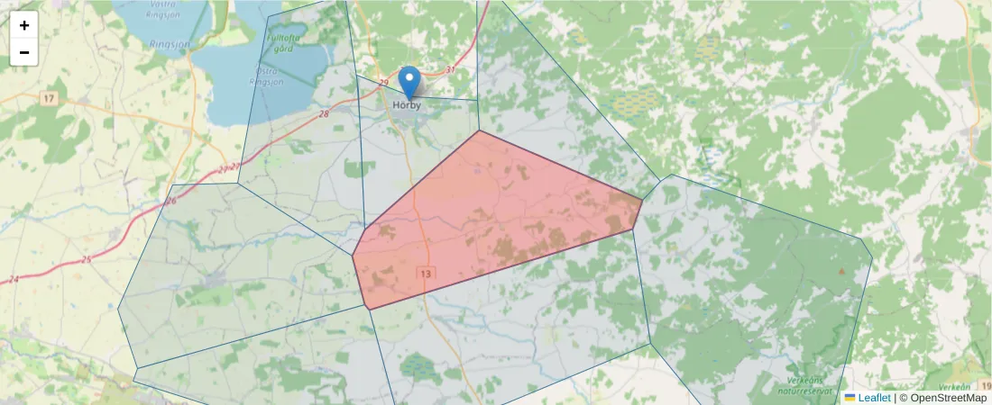 Karta över postnummerområdet  och angränsande postnummer i Sverige