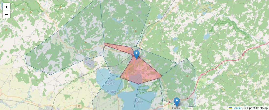 Karta över postnummerområdet  och angränsande postnummer i Sverige
