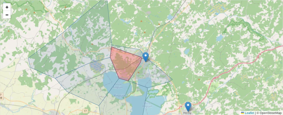 Karta över postnummerområdet  och angränsande postnummer i Sverige