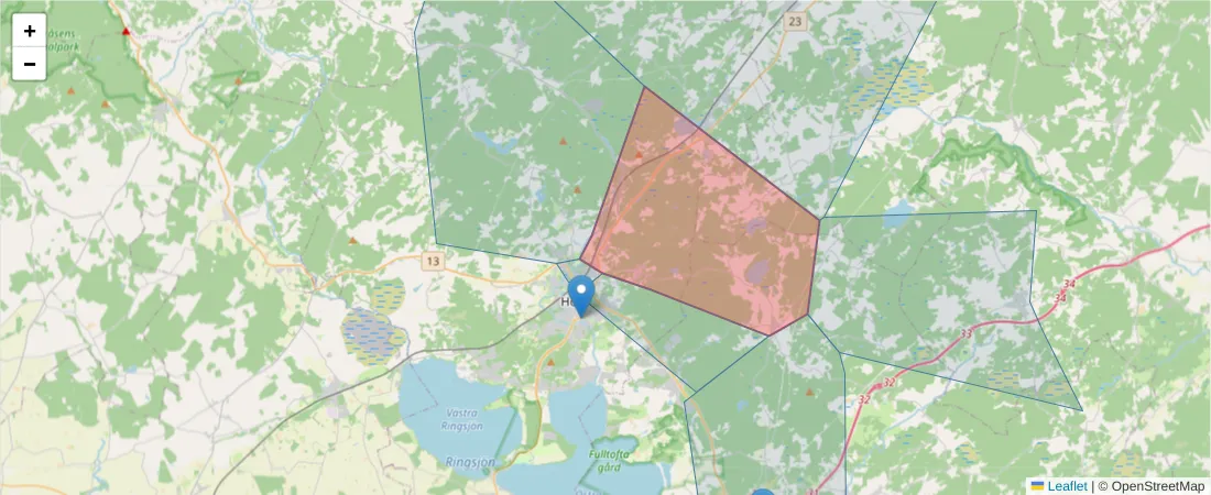 Karta över postnummerområdet  och angränsande postnummer i Sverige