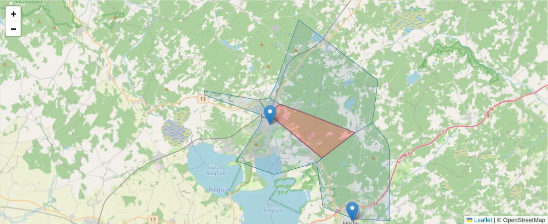 Karta över postnummerområdet  och angränsande postnummer i Sverige