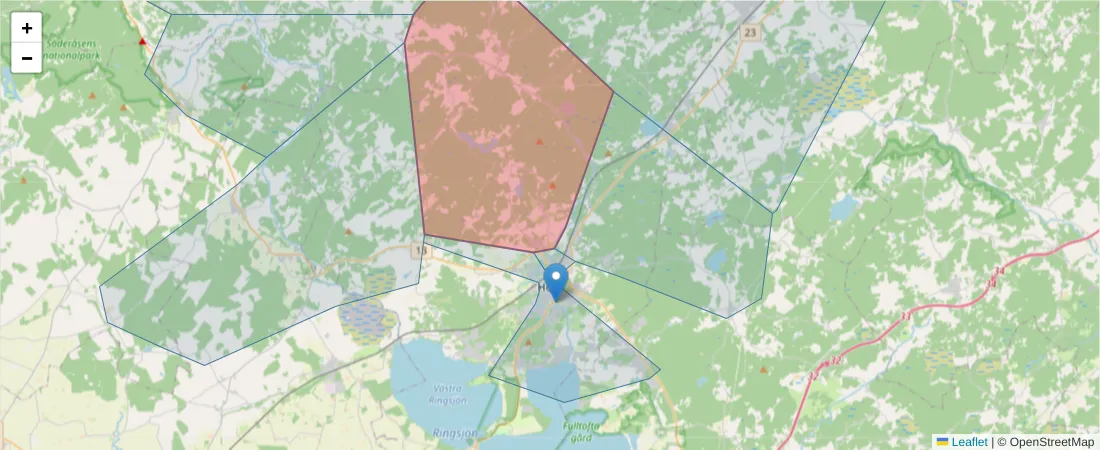 Karta över postnummerområdet  och angränsande postnummer i Sverige