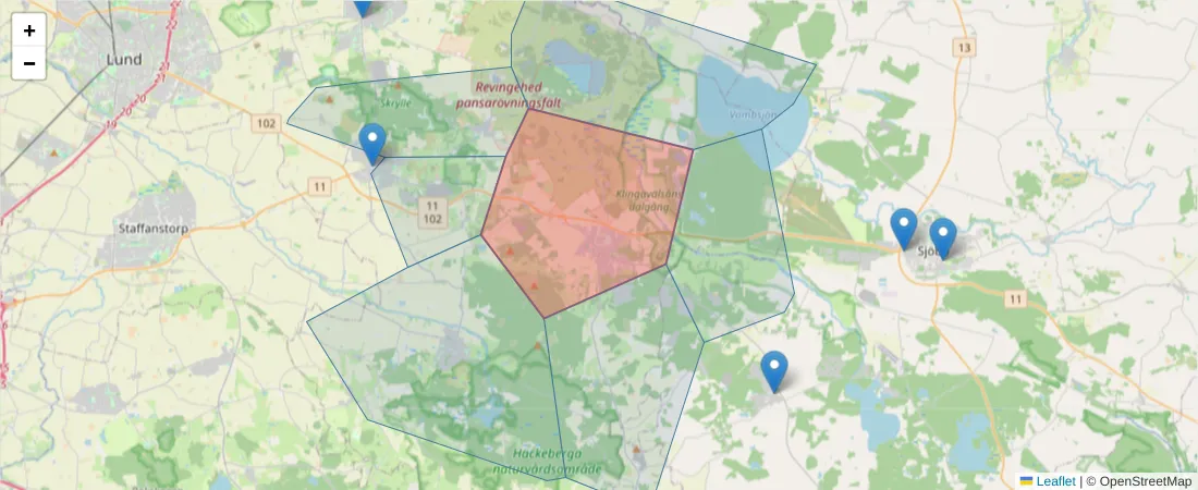 Karta över postnummerområdet  och angränsande postnummer i Sverige