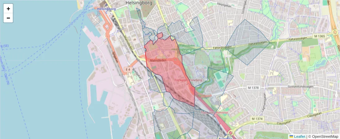 Karta över postnummerområdet  och angränsande postnummer i Sverige