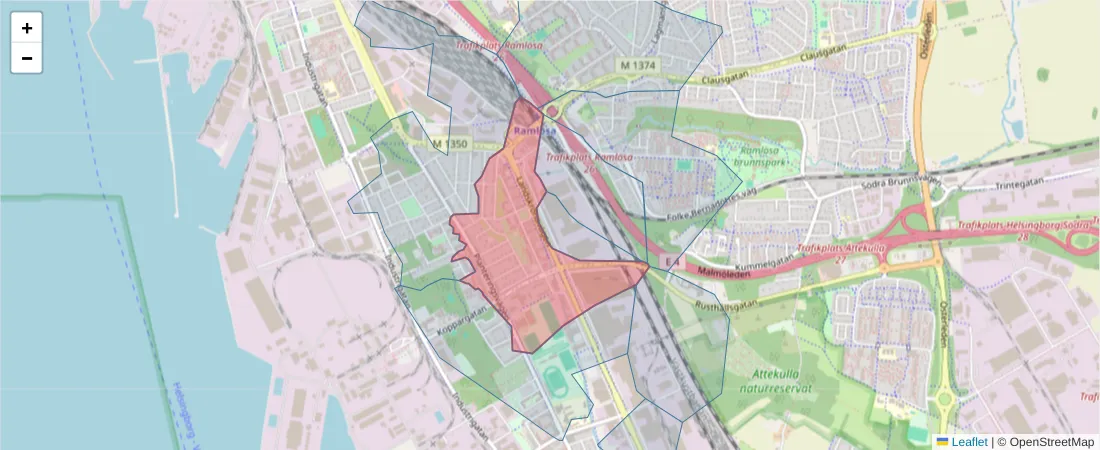 Karta över postnummerområdet  och angränsande postnummer i Sverige