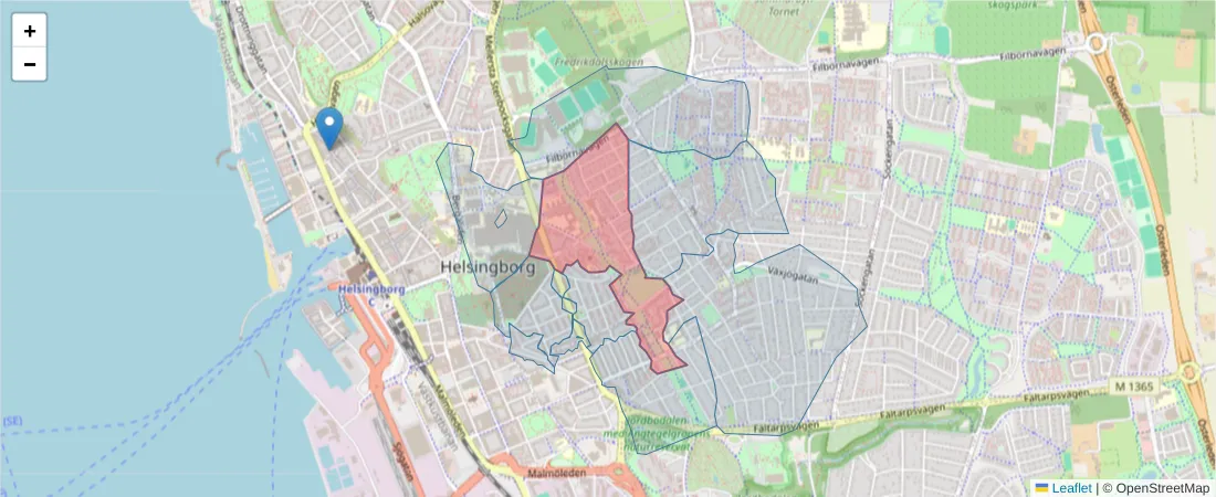 Karta över postnummerområdet  och angränsande postnummer i Sverige