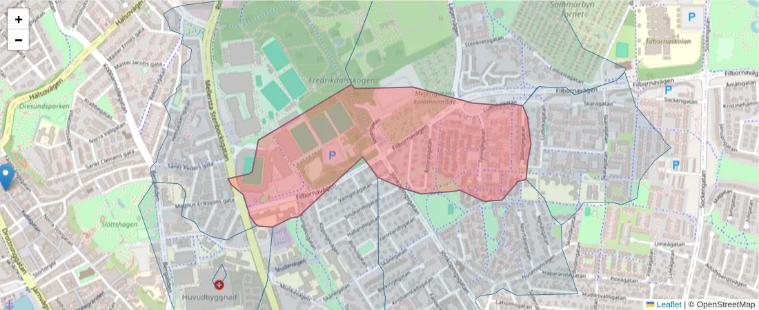 Karta över postnummerområdet  och angränsande postnummer i Sverige