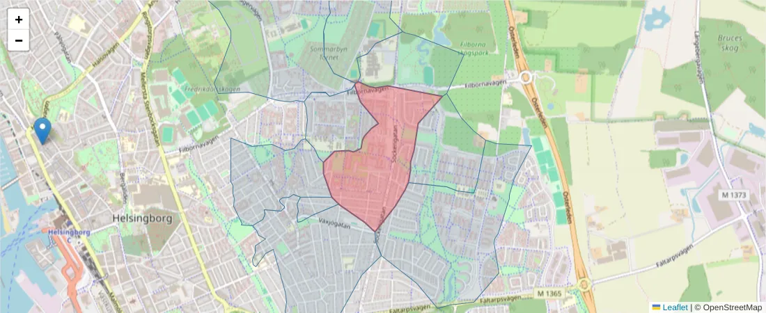 Karta över postnummerområdet  och angränsande postnummer i Sverige